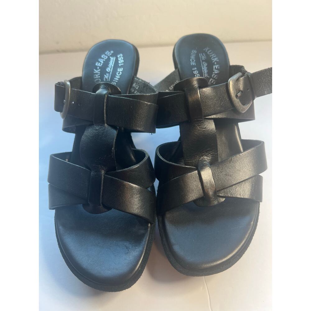 Kork-Ease Black Leather T-Straps Buckle Suede‎ Wedge Platform Slip On Sandals 9M - Picture 4 of 10